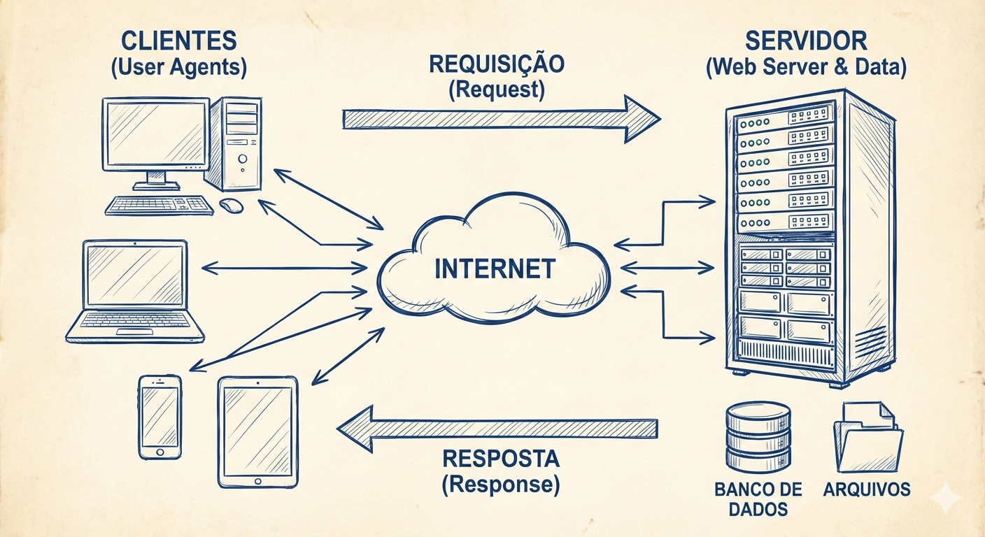 Diagrama da Arquitetura Cliente-Servidor mostrando vários dispositivos conectados a um servidor central