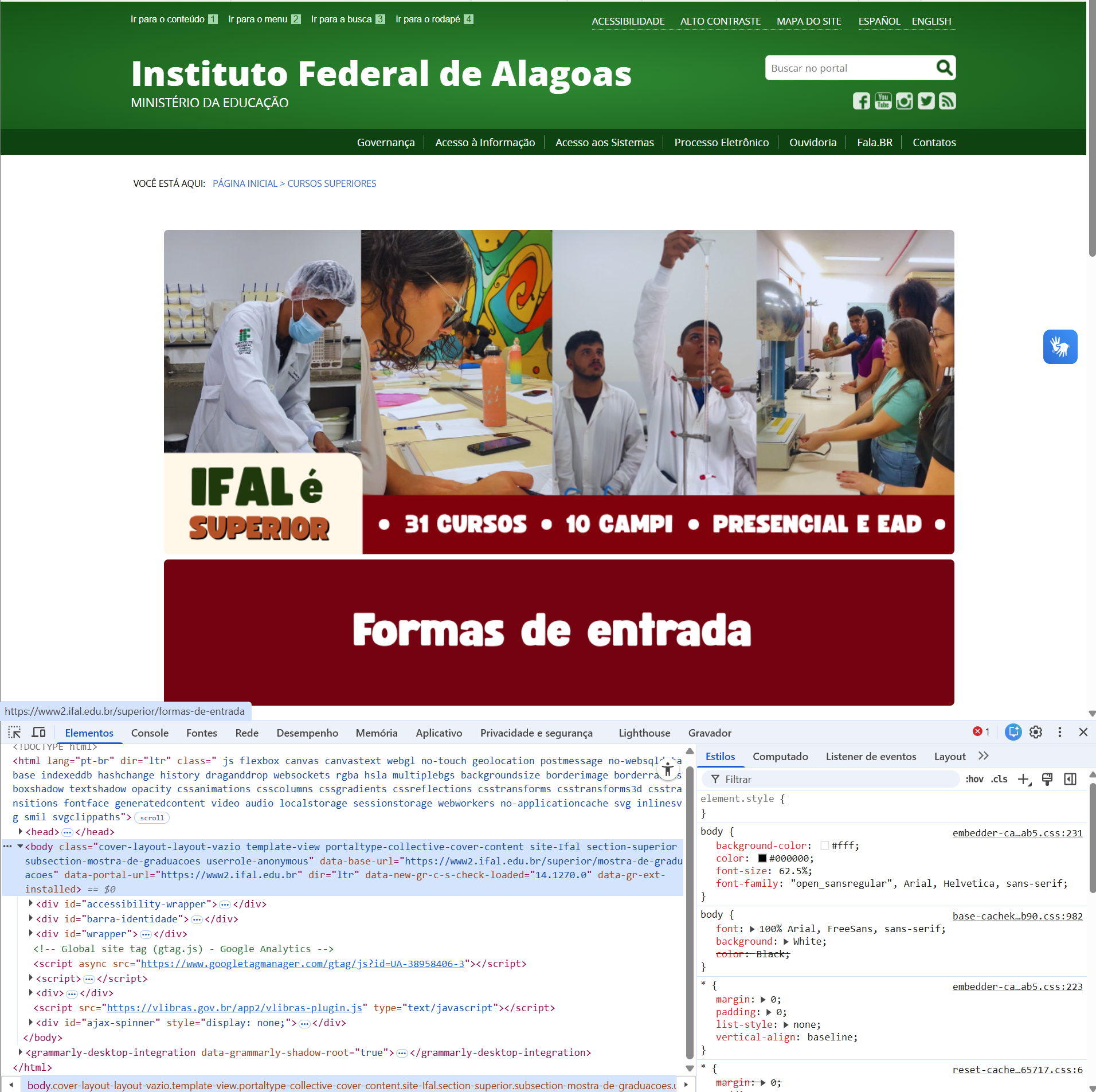 Exemplo de uso do DevTools no Chrome